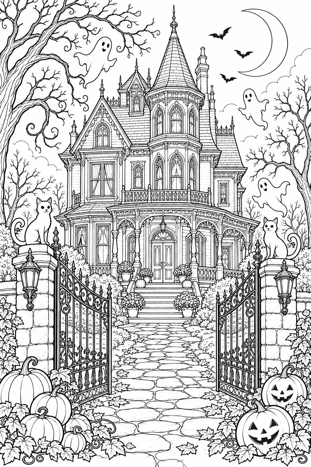 Victorian Haunted Manor coloring page. An elaborate Victorian haunted manor with a turret, ornate porch, iron gate, stone path, pumpkin clusters, friendly ghosts, bare curling trees and a crescent moon.