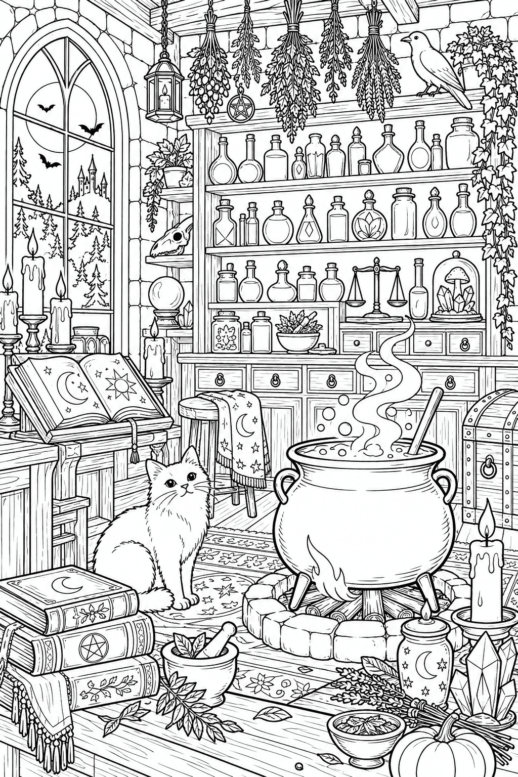Witch Apothecary coloring page. A cozy witch apothecary with rows of differently shaped unlabeled potion bottles, hanging herbs, drawers, scales, candles, a cat, spellbooks and a bubbling cauldron.