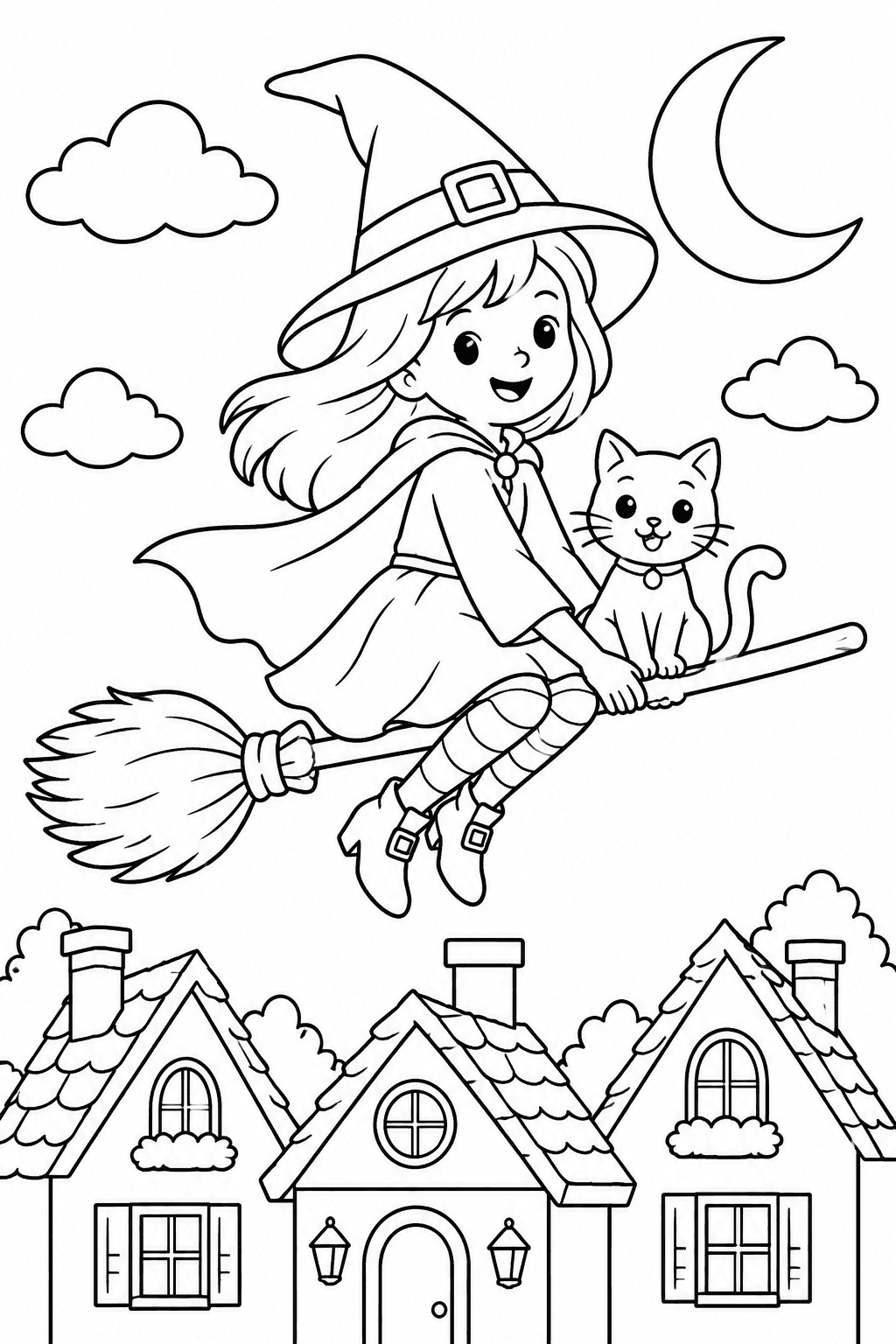 Halloween Witch Broom Flight coloring page. A cheerful witch and a cat flying on a broom above cozy rooftops.