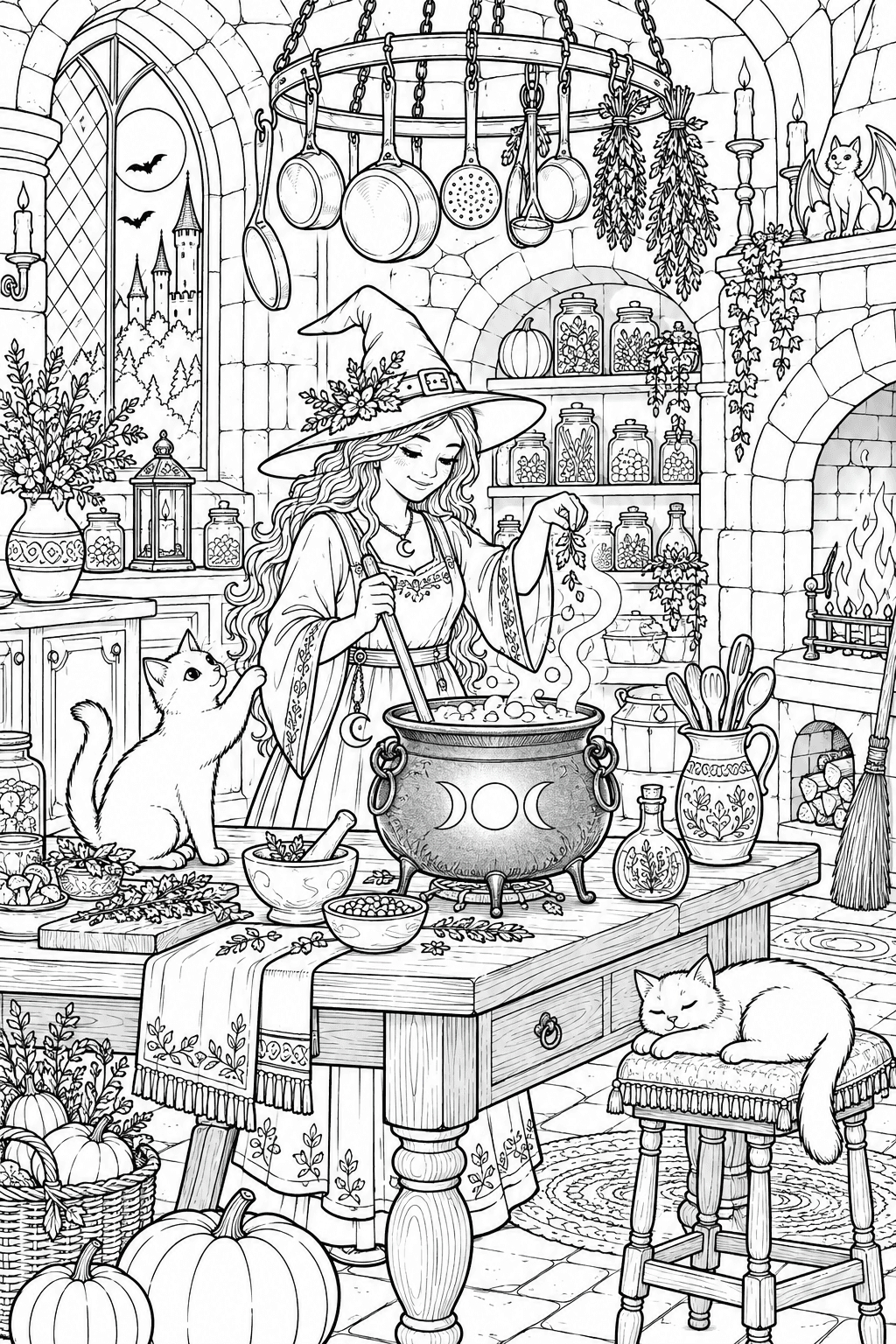 Witch Castle Kitchen coloring page. A large cozy castle kitchen with stone arches, a hanging copper-pan rack in outline, shelves of jars, braided herbs, a cauldron, a witch cooking and two helpful cats.