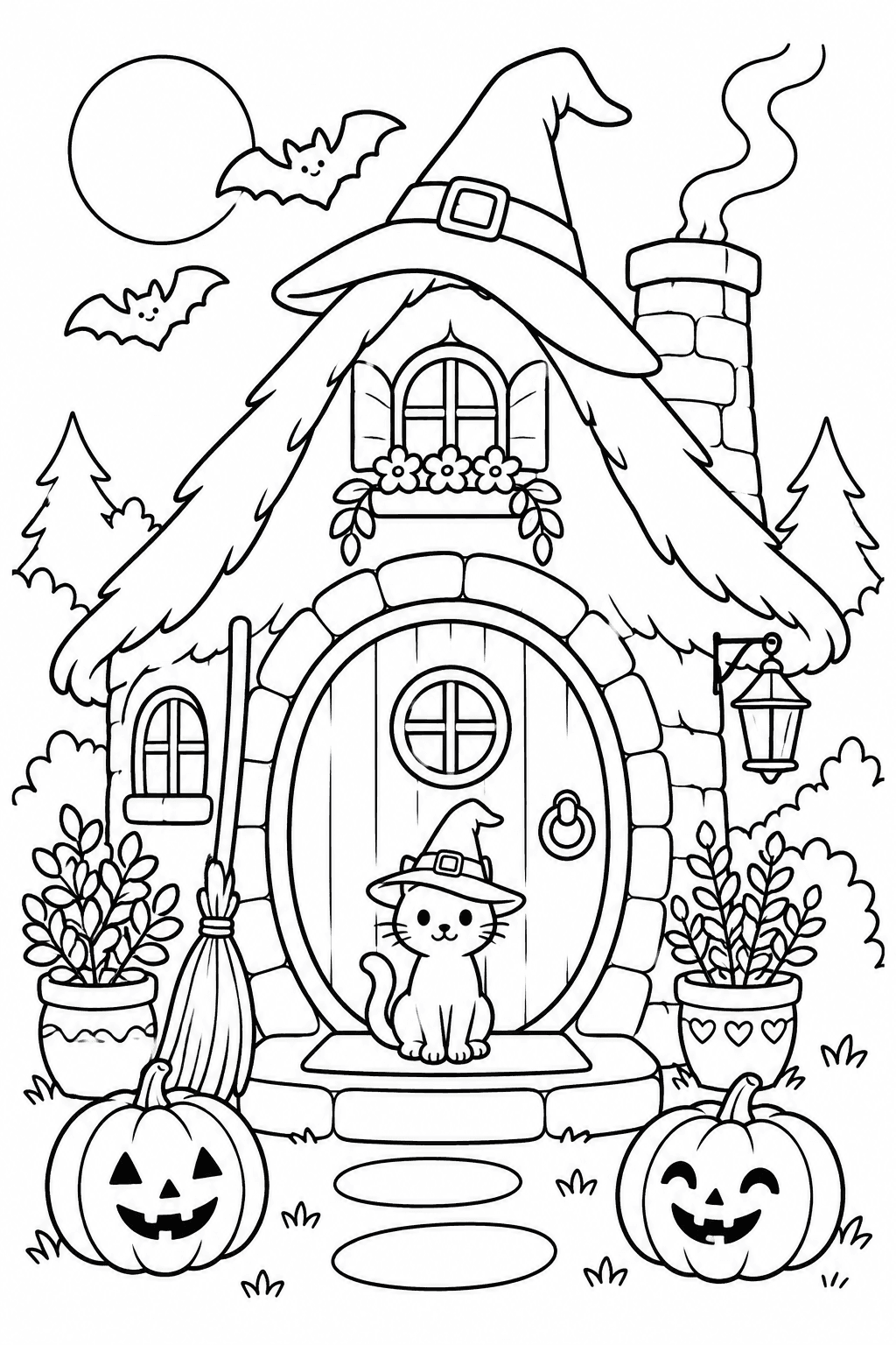Halloween Witch Cottage coloring page. A cozy witch cottage with a round door, potted plants, a broom, and a cat.