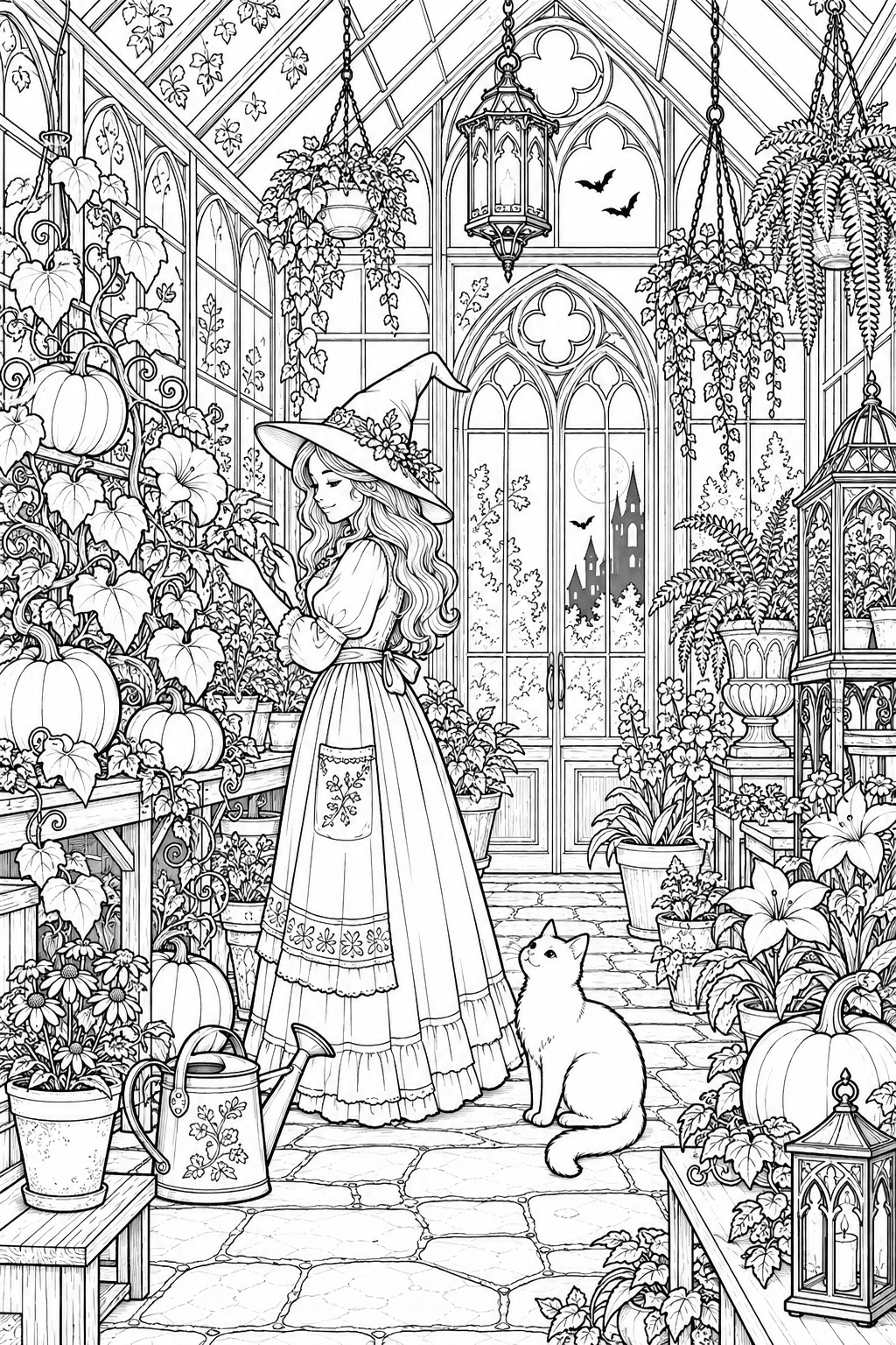Witch Greenhouse coloring page. A Victorian glass greenhouse filled with curling pumpkin vines, fantastical flowers, fern pots, hanging planters, a watering can and a witch tending plants with a cat.