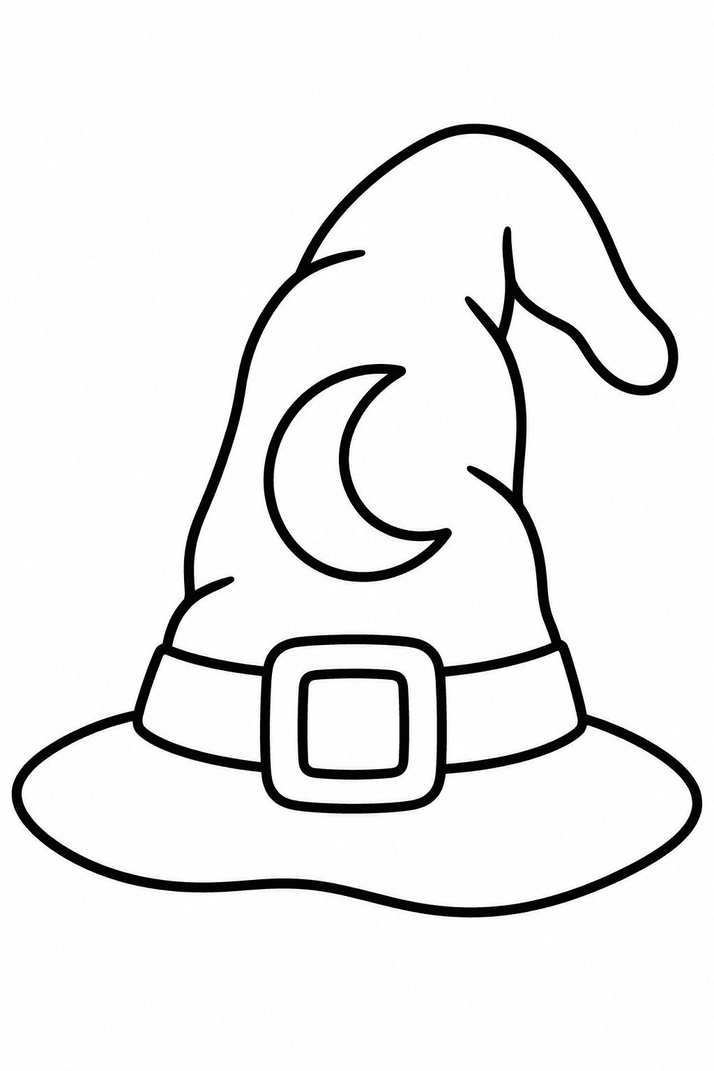 Halloween Witch Hat coloring page. A floppy witch hat with a wide buckle and a crescent moon decoration.