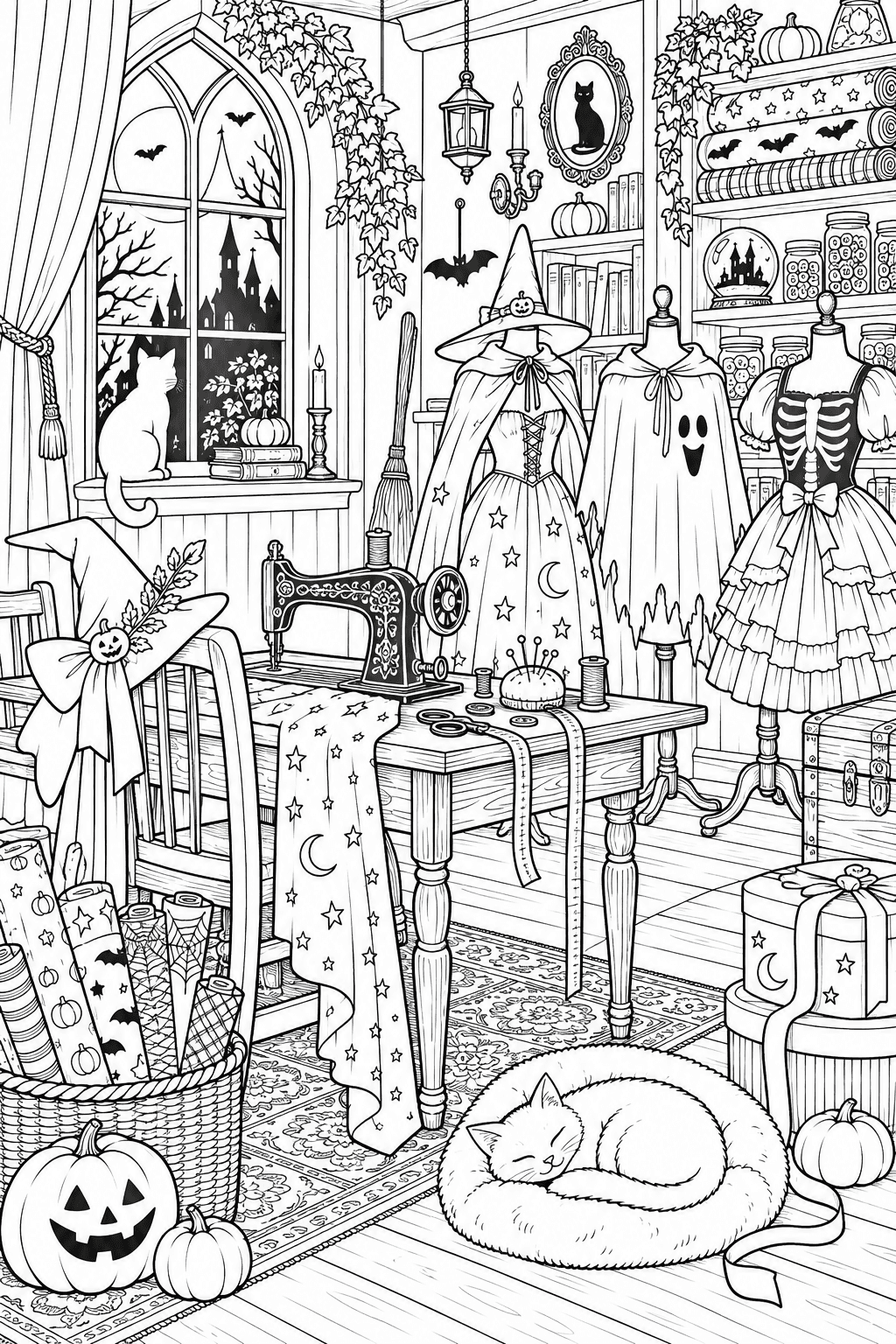 Witch Costume Sewing Room coloring page. A cozy witch sewing room with an antique sewing machine, dress forms wearing Halloween costumes, fabric rolls, buttons, ribbons, shelves and a sleeping cat.