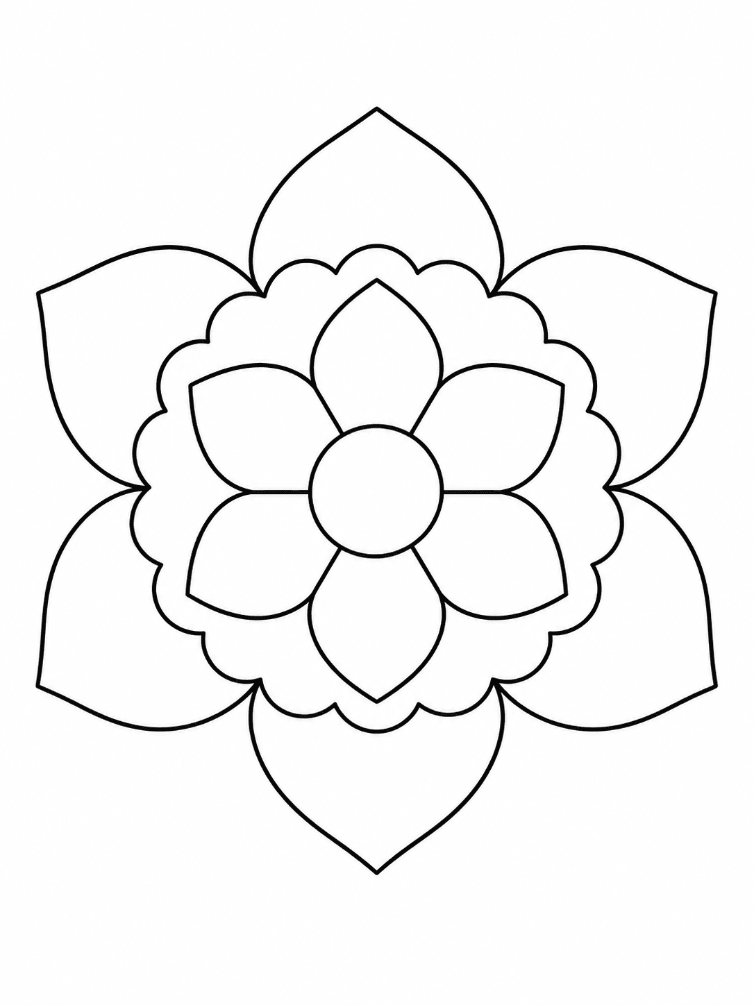 Big Petal Flower Mandala coloring page with a centered flower with six broad outer petals and six inner petals.