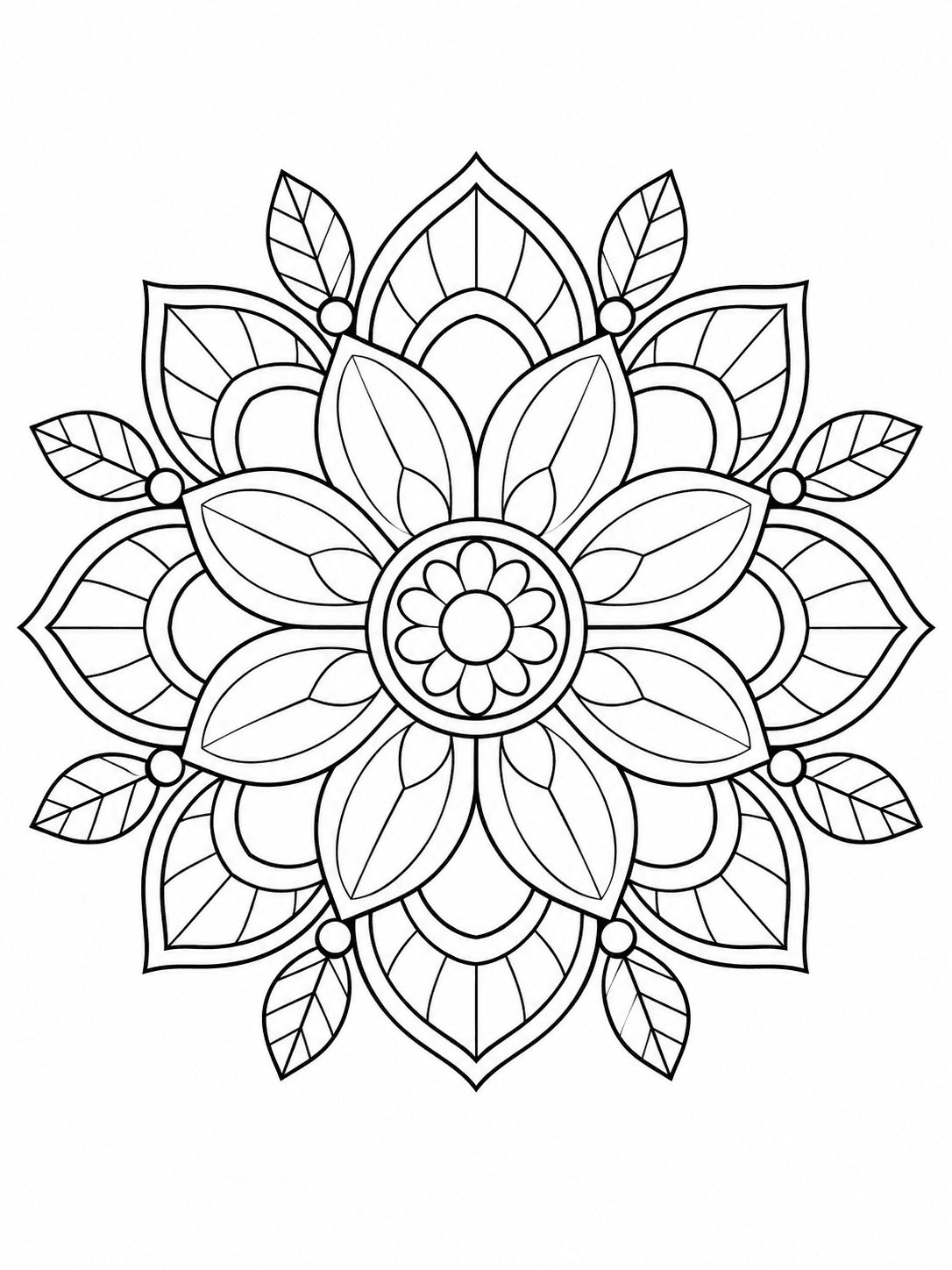 Broad Petal Flower Mandala coloring page with layered broad flower petals and leaves.
