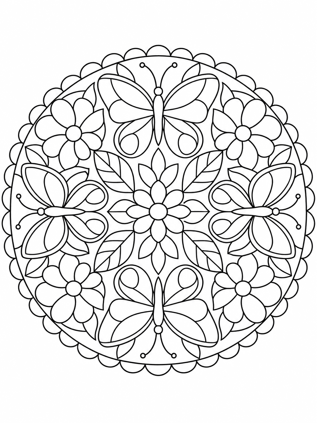 Butterfly Mandala coloring page with four butterflies around a flower center, with leaves and broad petals.