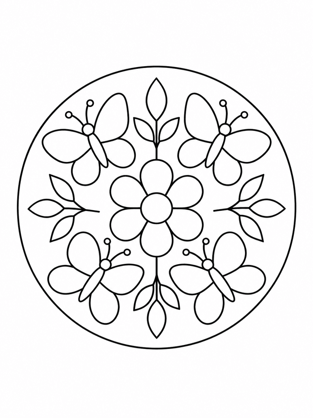 Butterfly Ring Mandala coloring page with four large butterflies arranged around a central circle.