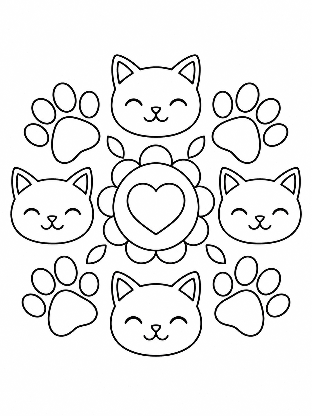 Cat and Paw Circle Mandala coloring page with large cat faces and paw prints in a circle.
