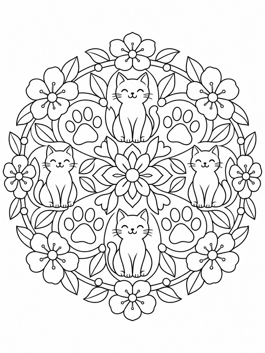 Cat and Paw Mandala coloring page with cat silhouettes and paw prints in repeating rings.