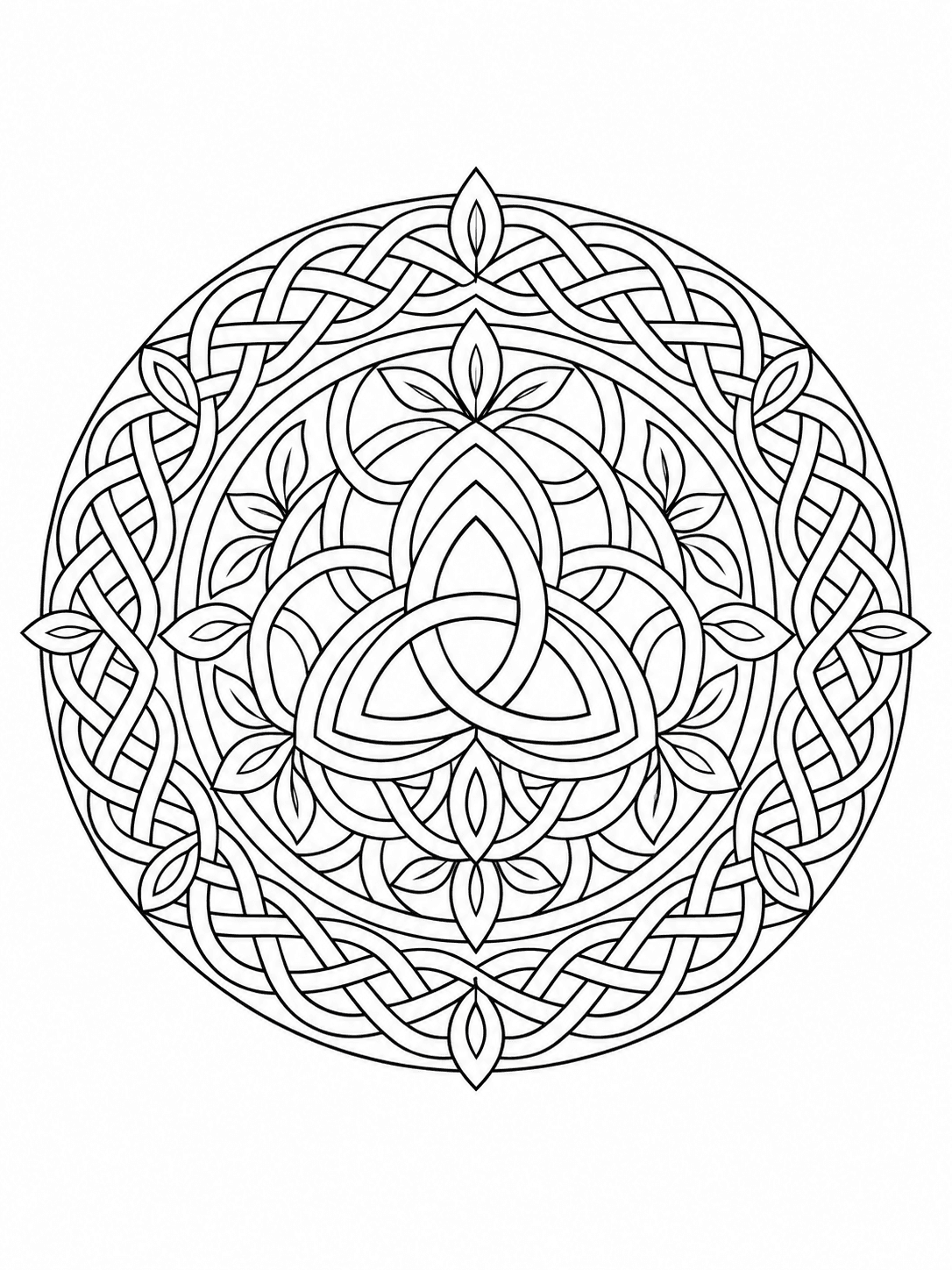 Celtic Knot Mandala coloring page with continuous interlaced ribbons in a circular knot.