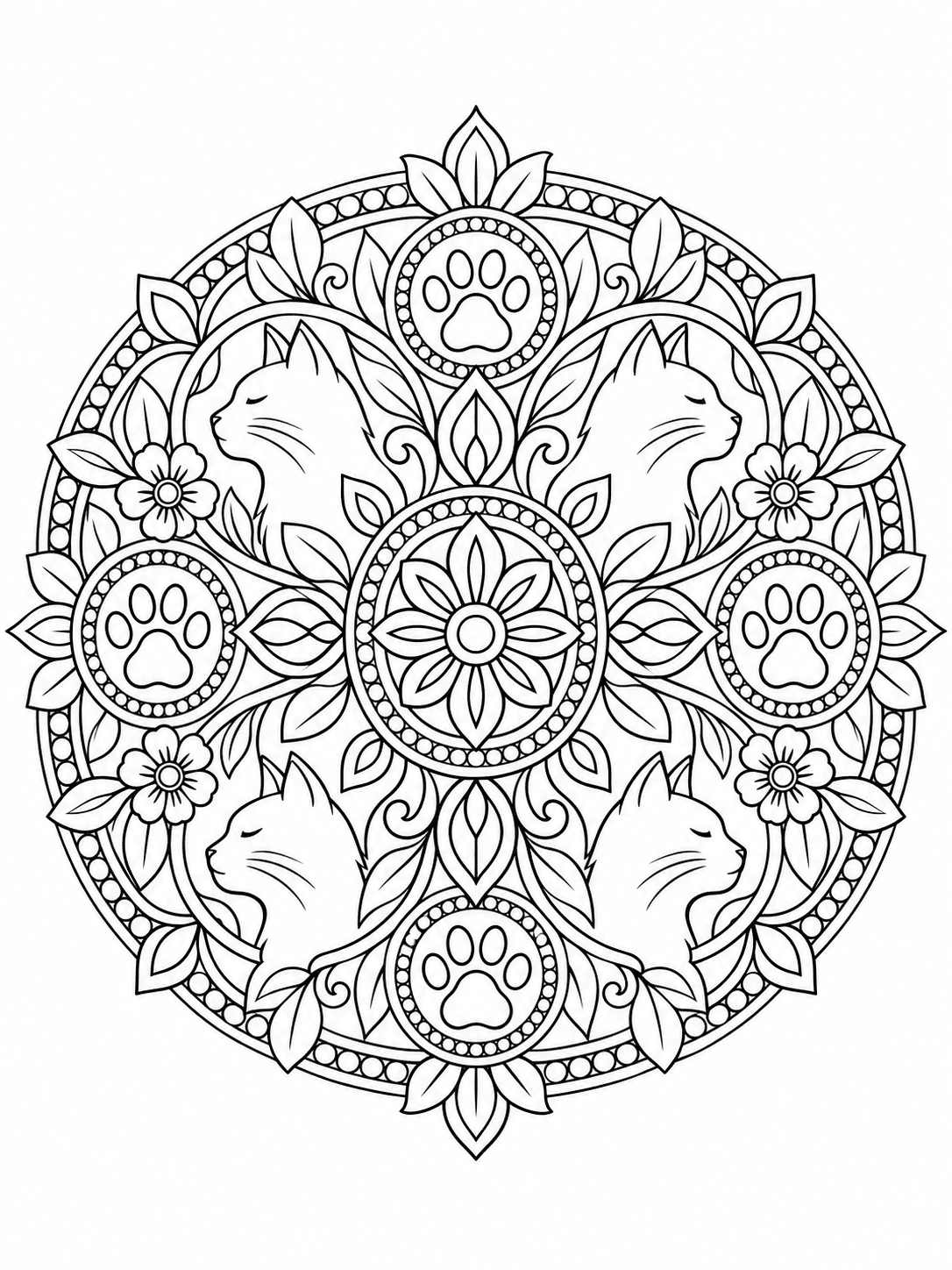Circular Cat and Paw Mandala coloring page with ornamental cats, paws, and botanical rings.