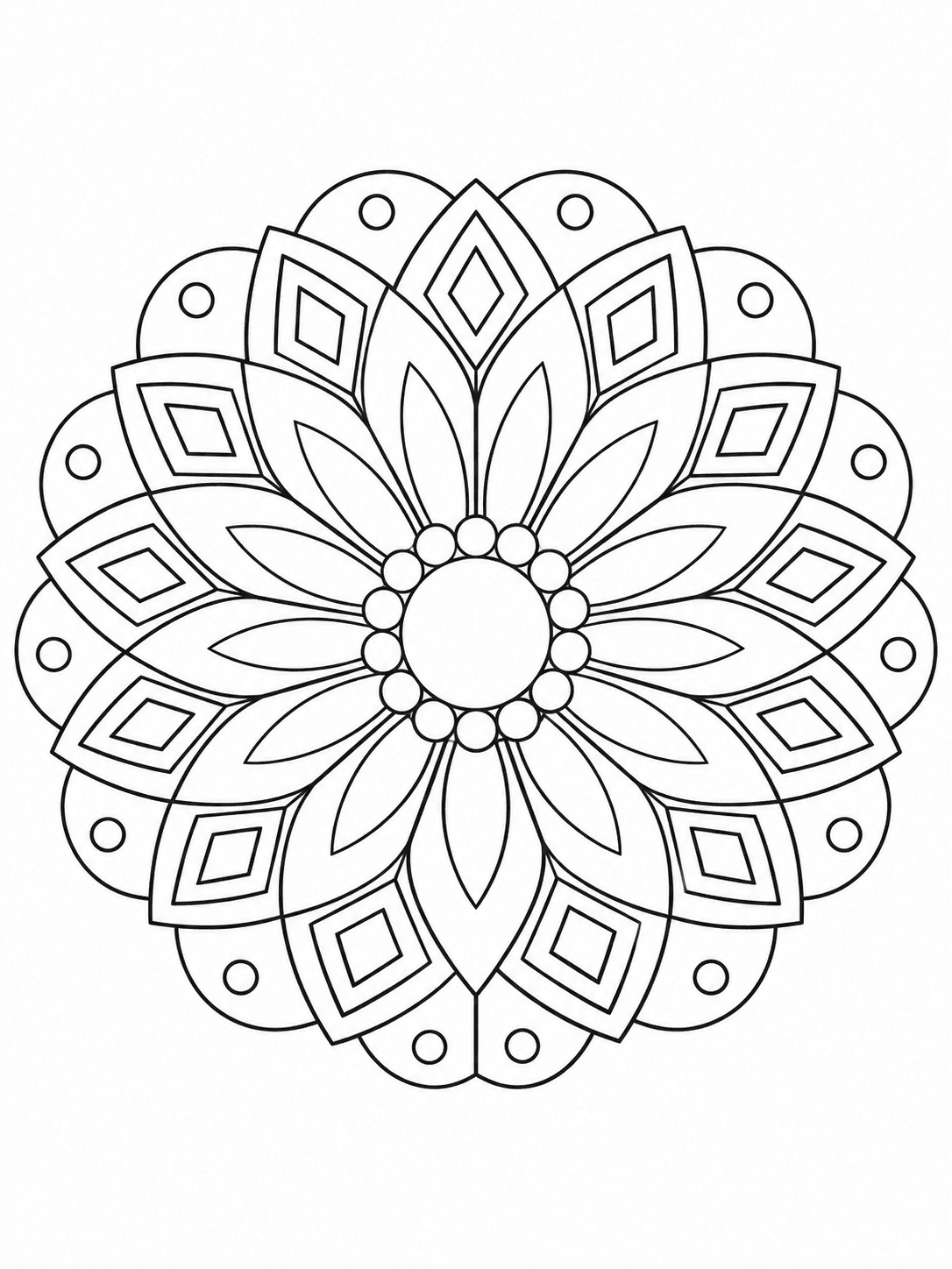 Classic Rosette Mandala coloring page with layered petals and broad repeating rings.