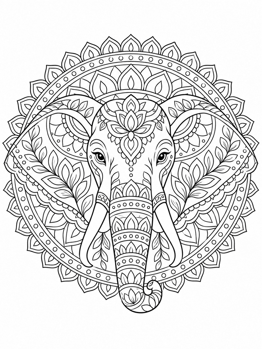 Elephant Mandala coloring page with an elephant surrounded by ornate radial floral patterns.