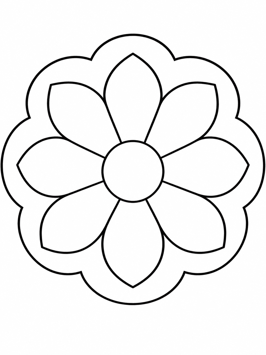 Flower Rosette Mandala coloring page with a spacious eight-petal flower rosette with a broad scalloped ring.