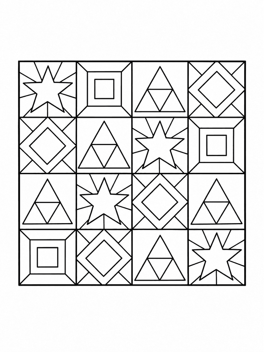 Geometric Mosaic Pattern coloring page with an orderly mosaic of stars and polygon tiles.