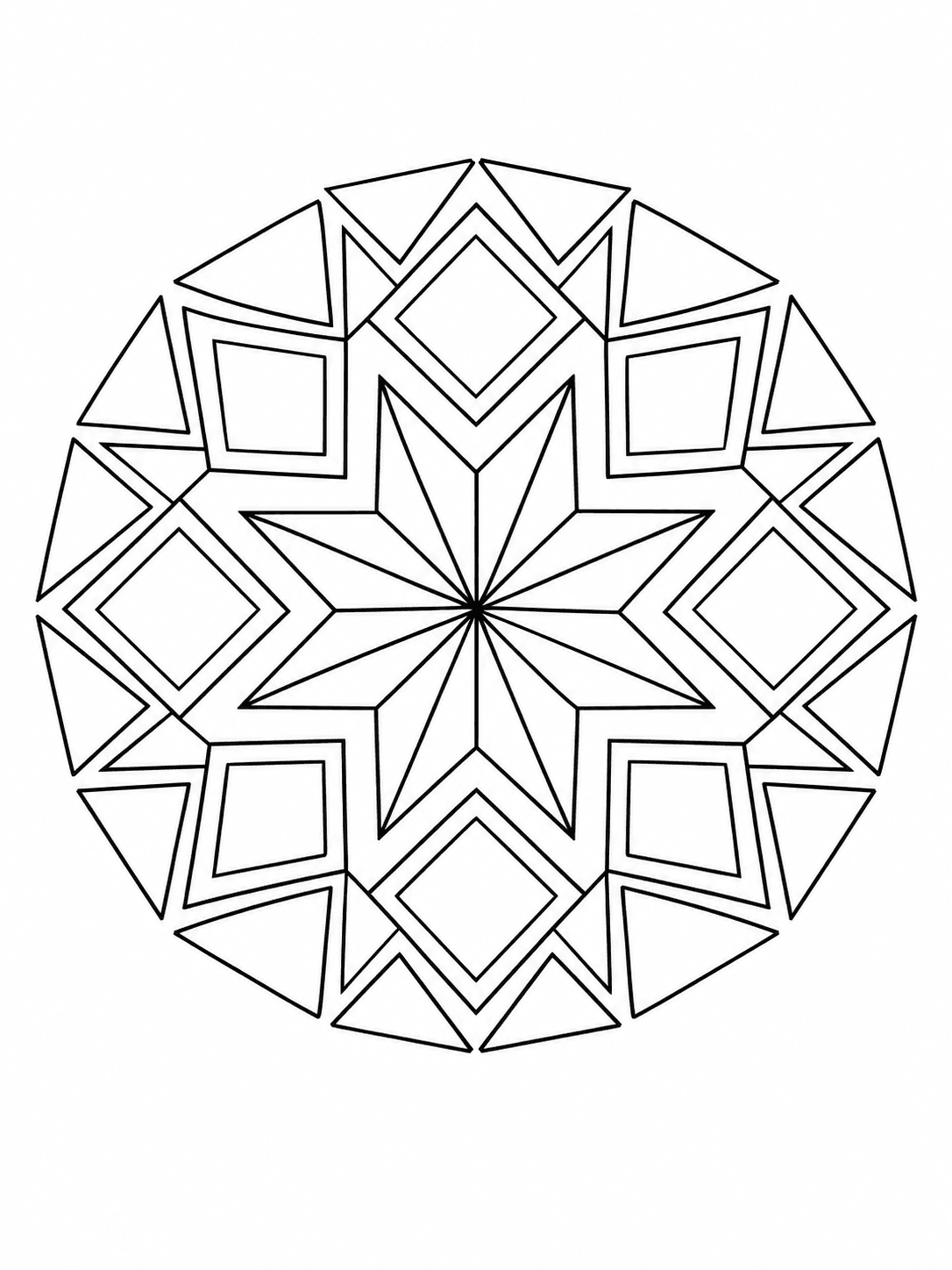 Geometric Star Mandala coloring page with interlocking stars, diamonds, and triangles.