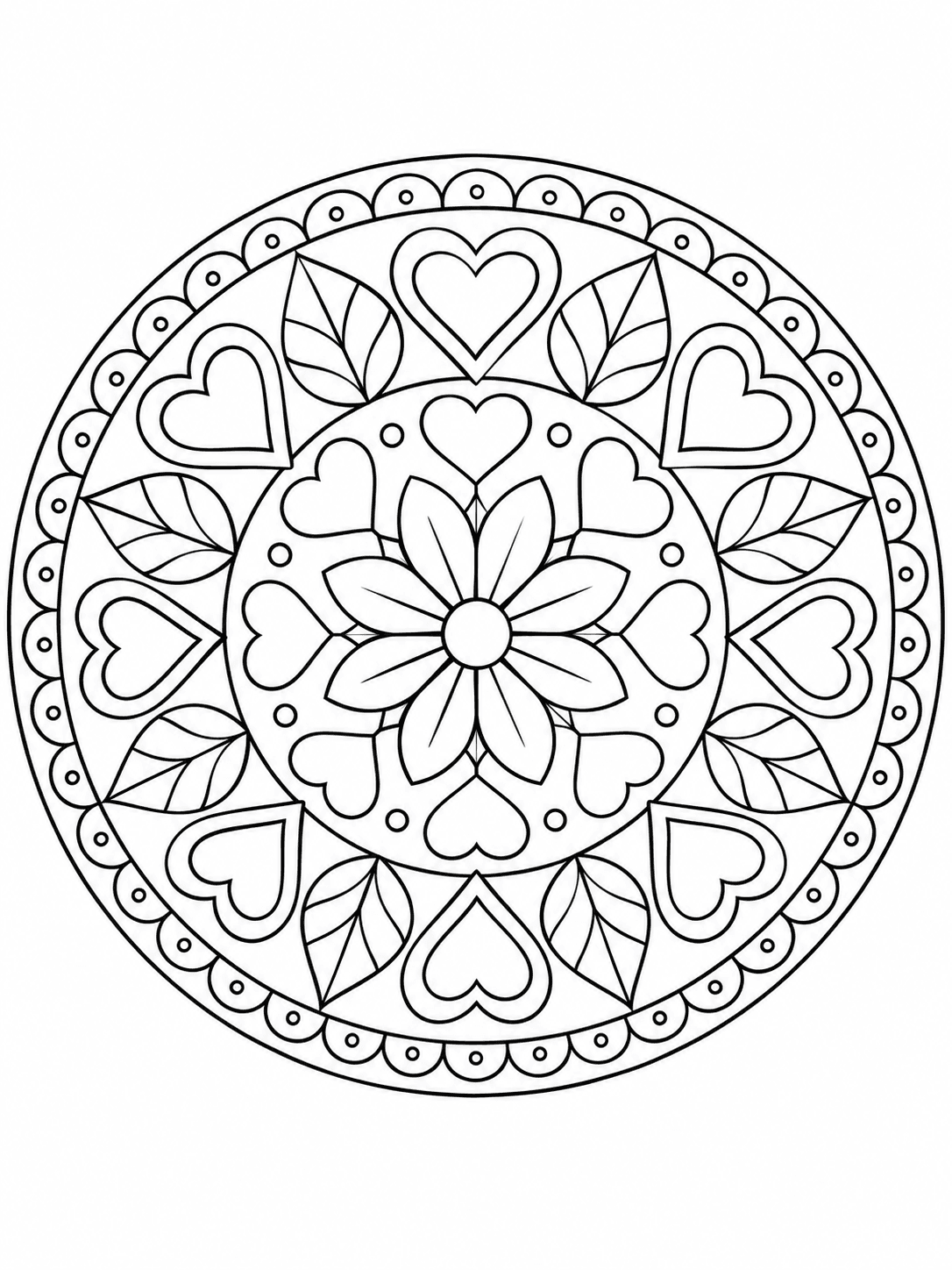 Heart Mandala coloring page with two rings of repeating hearts and petals.