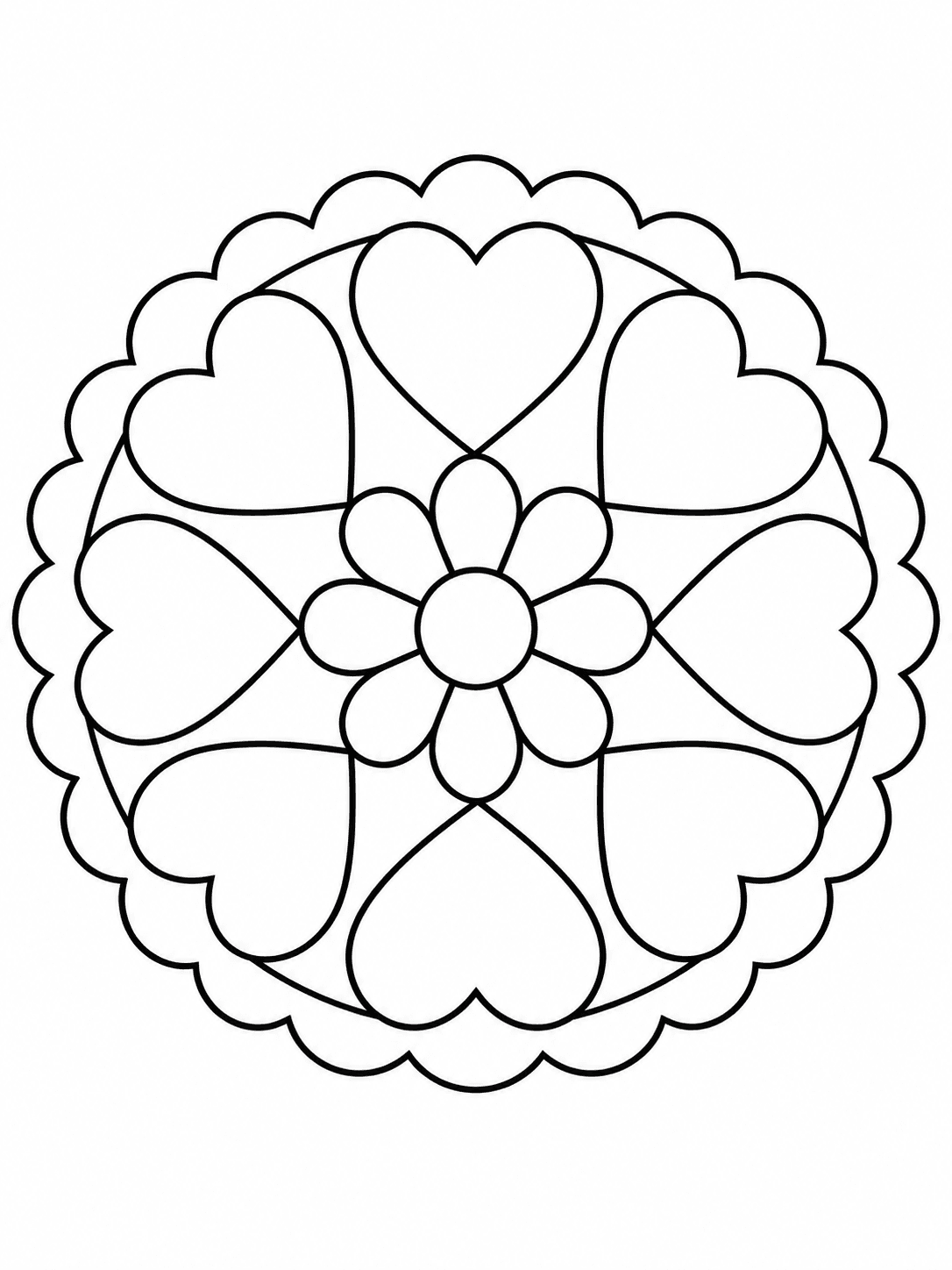 Heart Ring Mandala coloring page with eight open hearts circling a simple flower center.