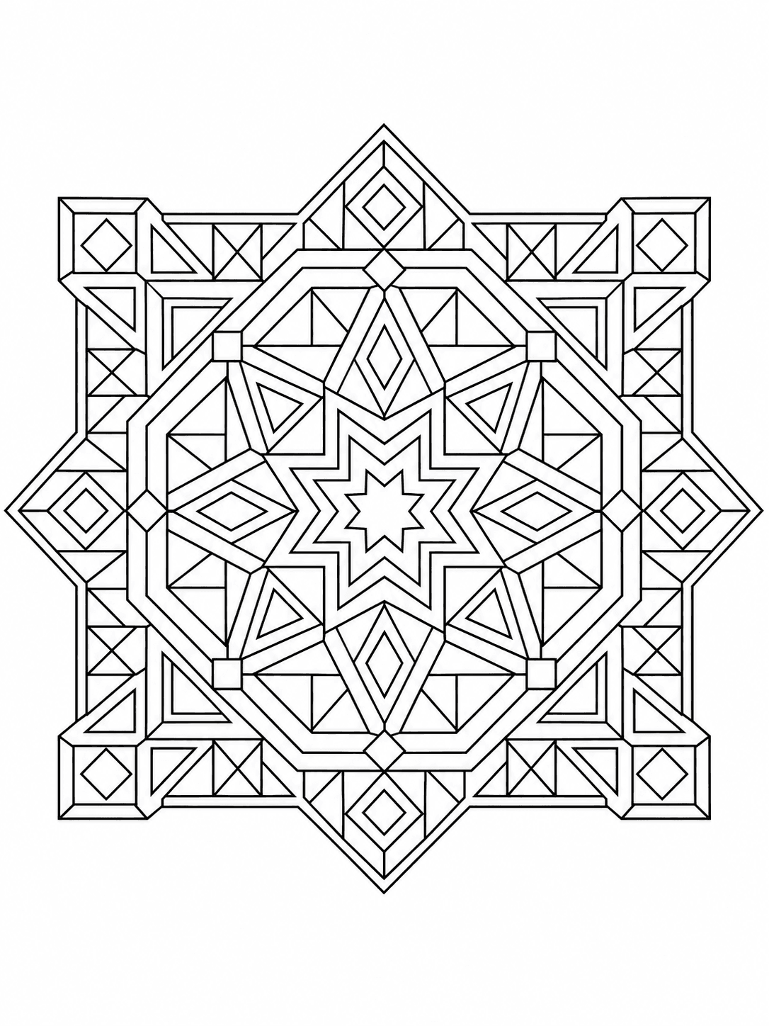 Kaleidoscope Star Tessellation coloring page with nested stars and interlocking geometric tiles.
