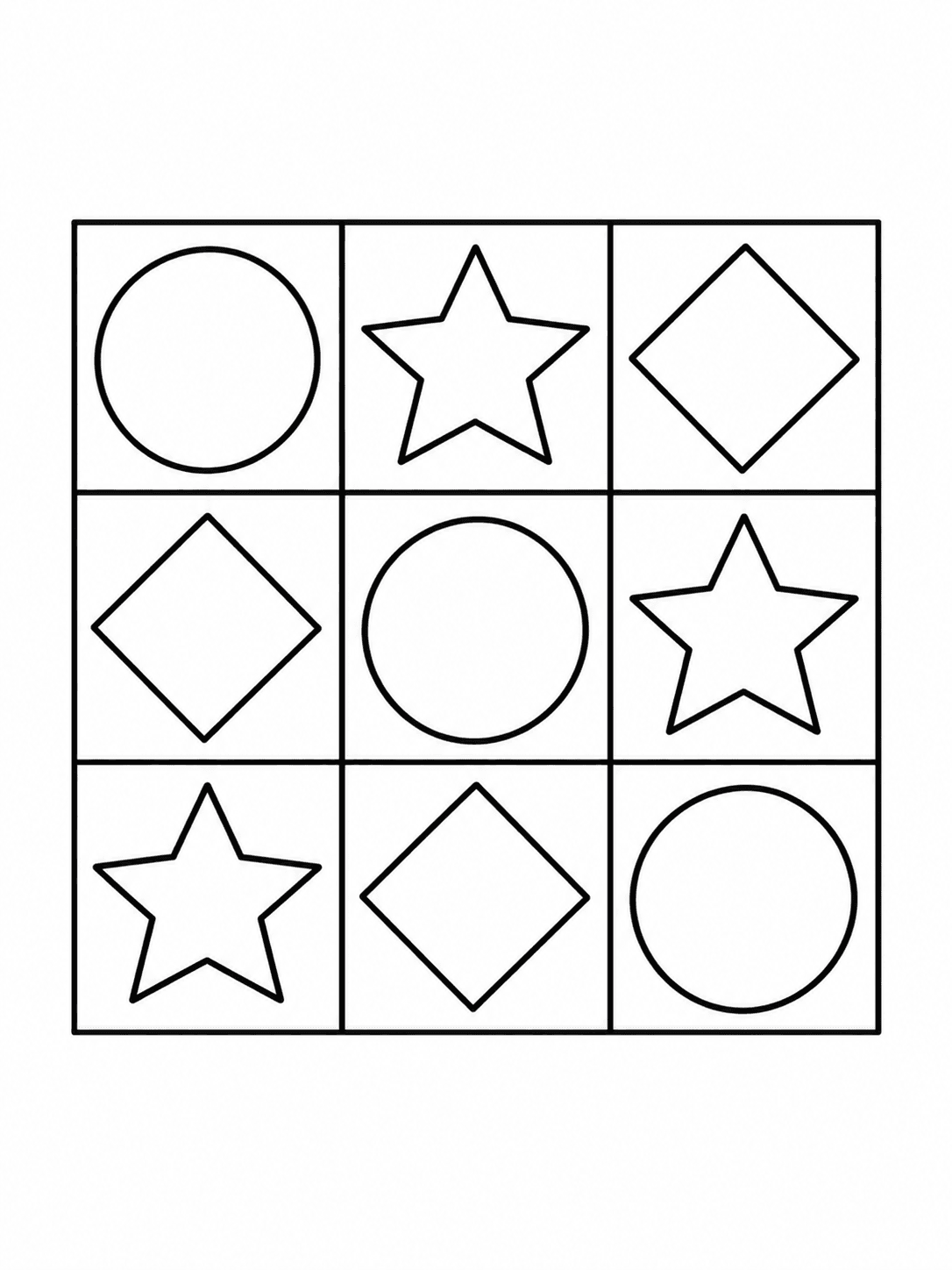 Large Geometric Tile Pattern coloring page with big squares, circles, and triangles in an orderly grid.