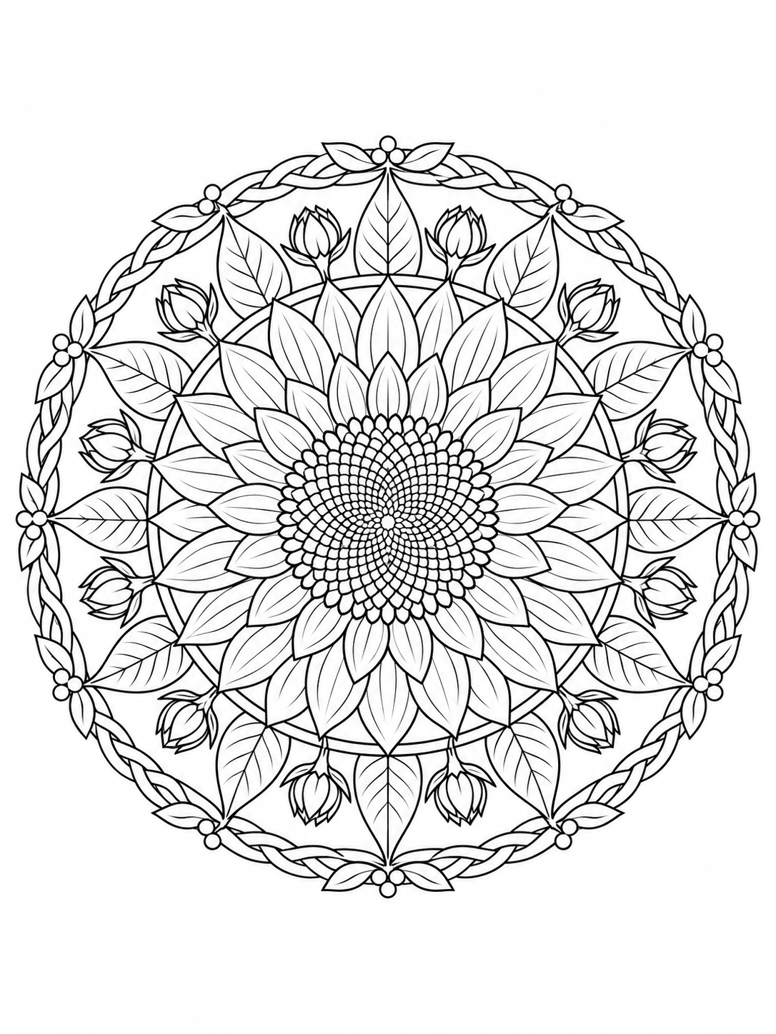 Layered Sunflower Mandala coloring page with multiple sunflower layers, leaves, and seed geometry.