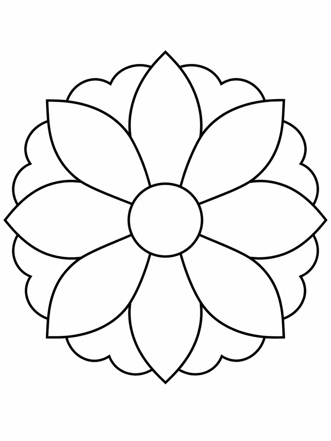 Leaf Circle Mandala coloring page with large leaves repeated around a circular center.