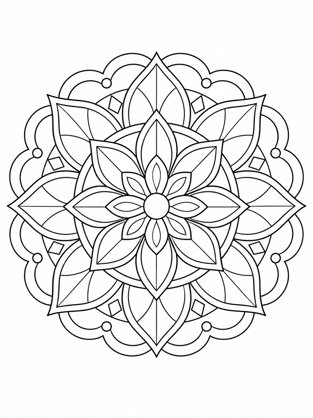 Lotus Mandala coloring page with layered lotus petals above calm geometric rings.