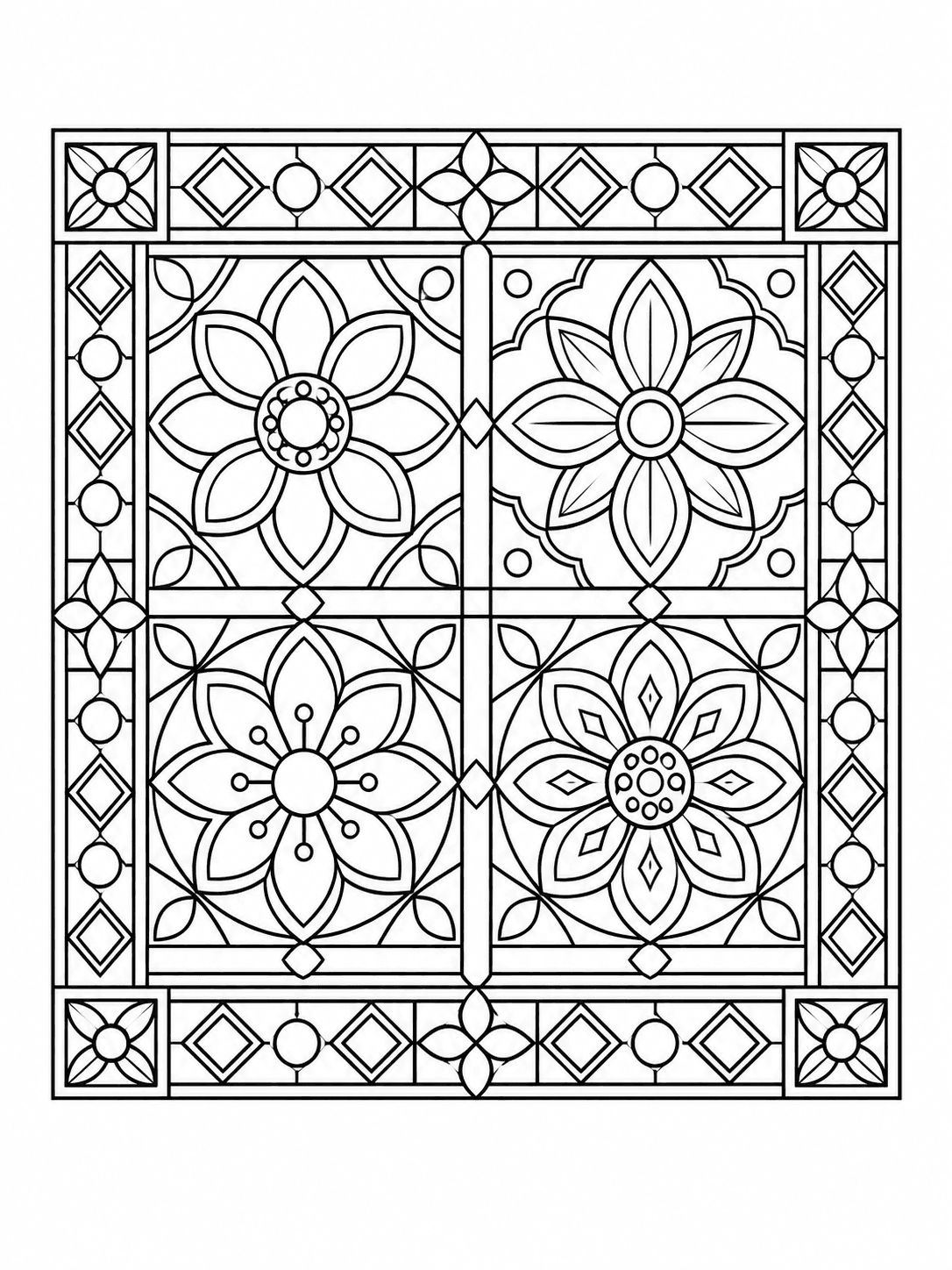 Ornamental Floral Tile Mosaic coloring page with decorative flower tiles with detailed geometric borders.