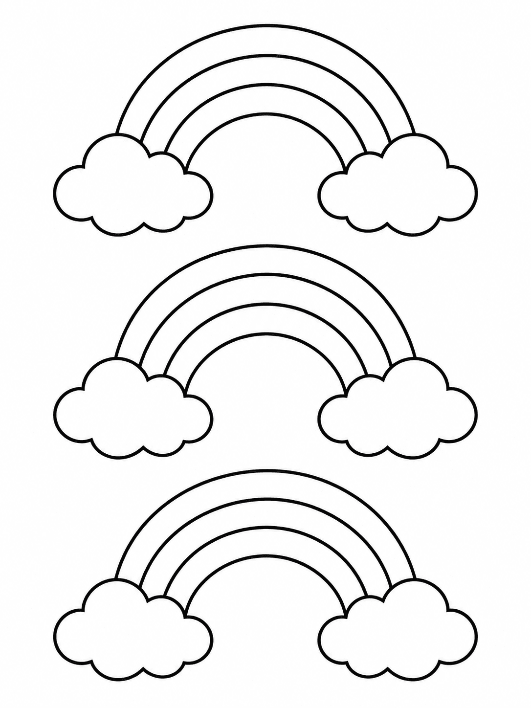 Rainbow Arch Pattern coloring page with large repeating rainbows and clouds.
