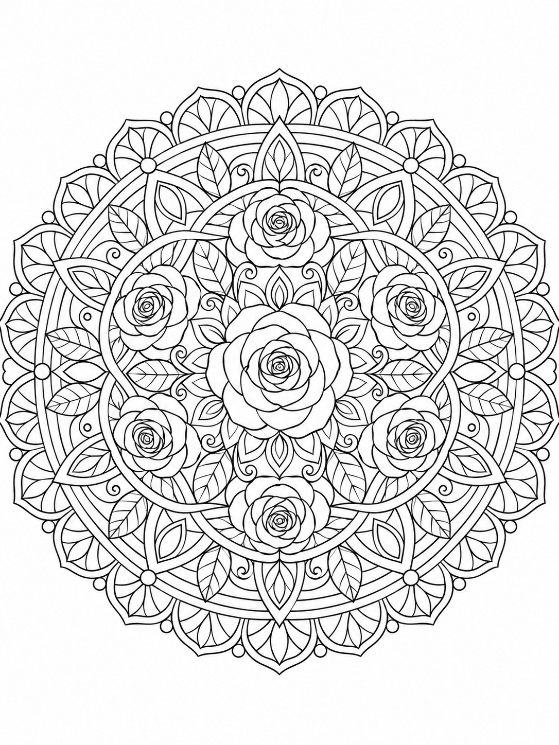 Rose Medallion Mandala coloring page with layered roses, leaves, and ornate rings in a detailed medallion.