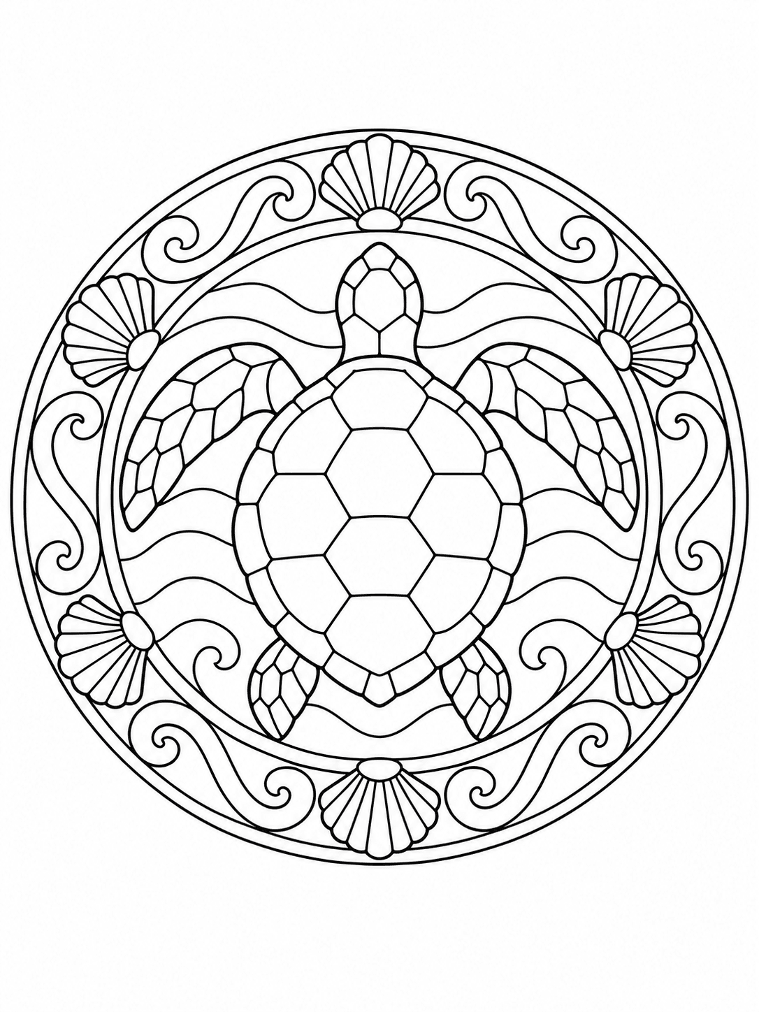 Sea Turtle Mandala coloring page with a sea turtle framed by shells and gentle waves.