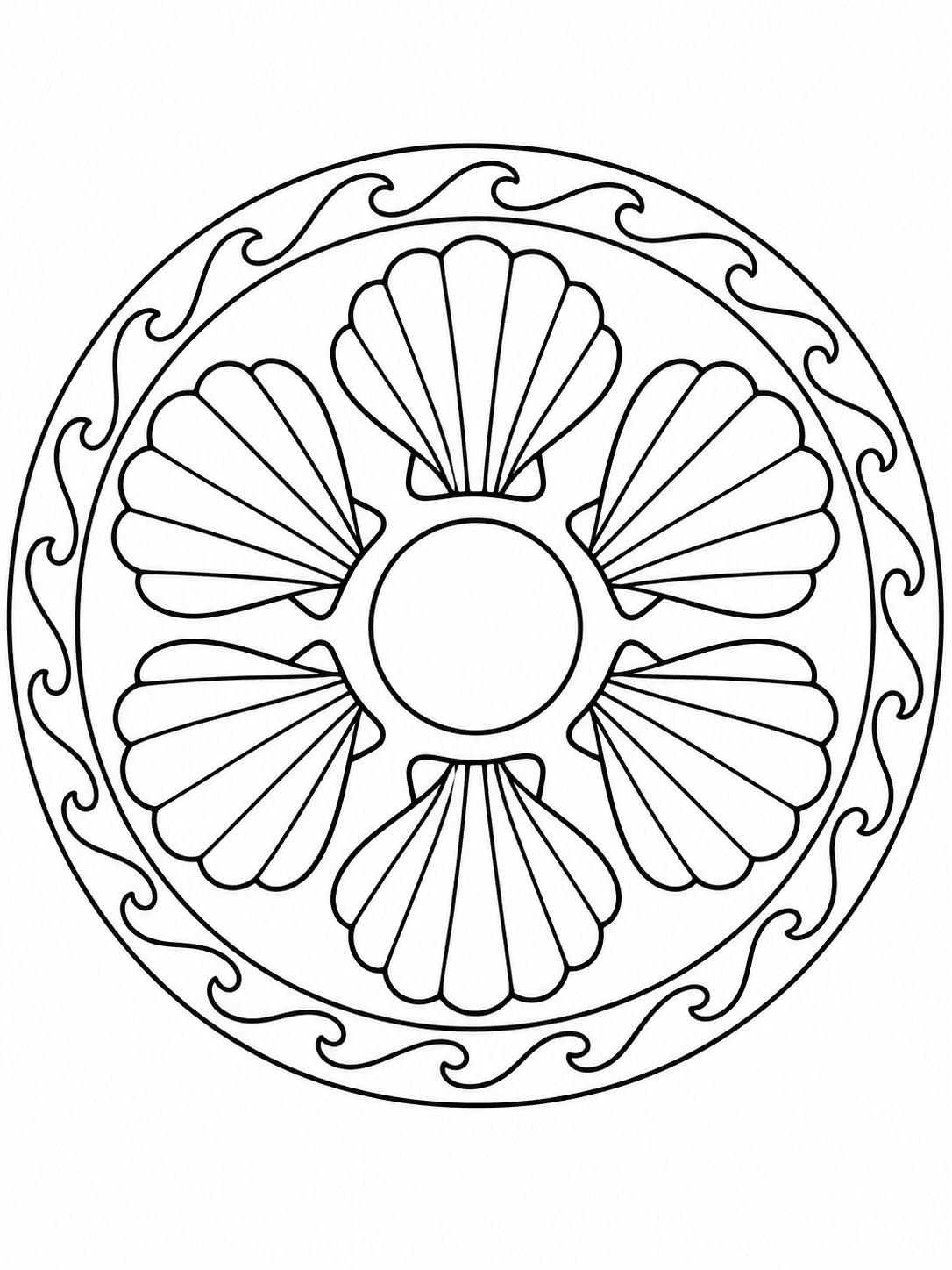 Seashell Circle Mandala coloring page with six open scallop shells around a circular center.
