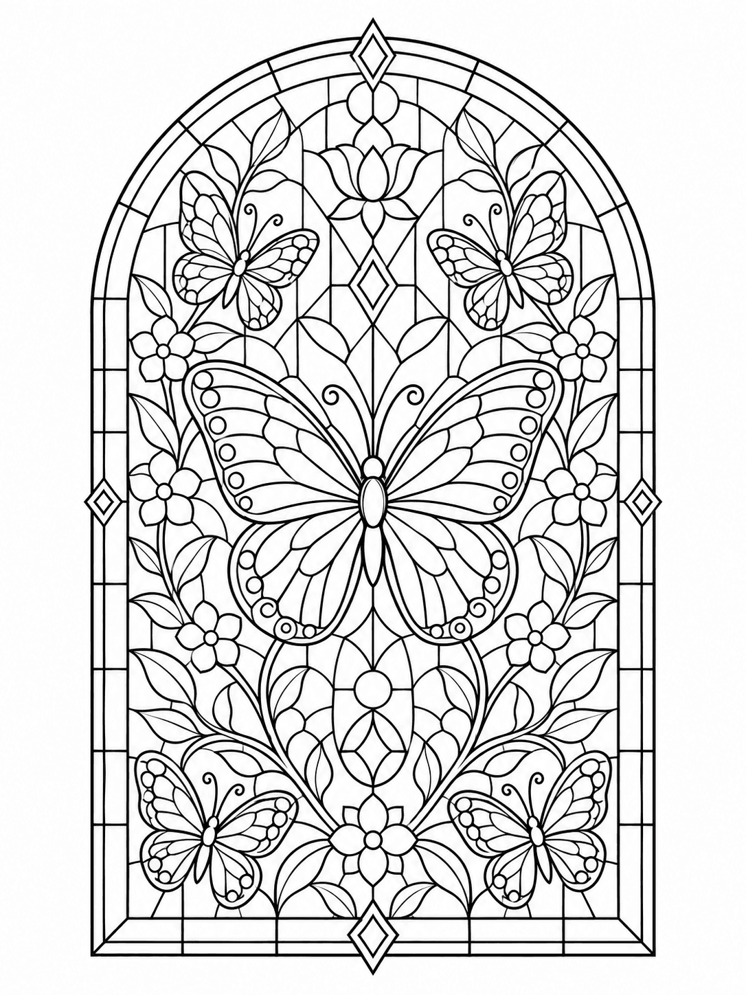 Stained Glass Butterfly Window coloring page with butterflies and flowers in an arched glass window.