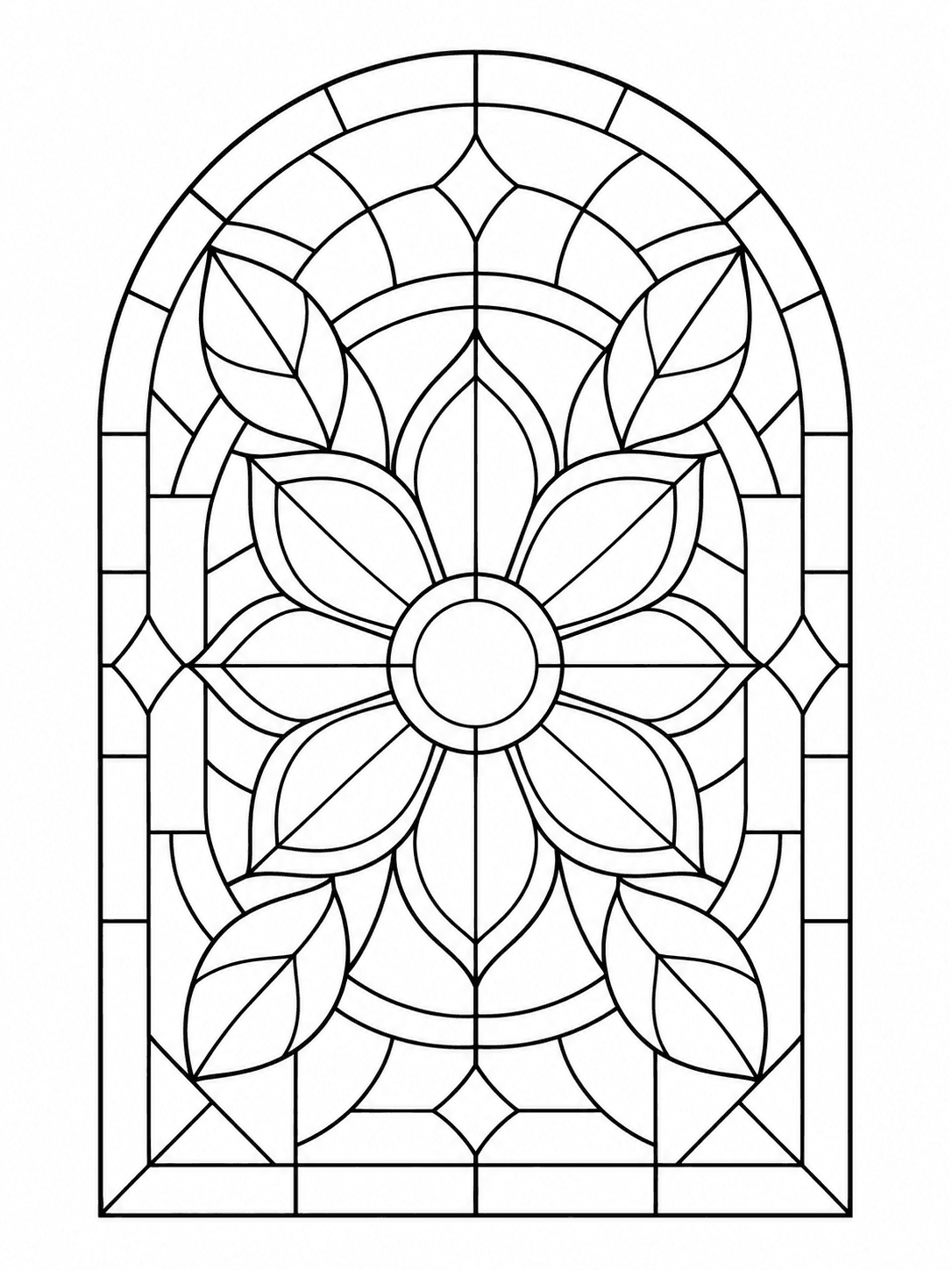 Stained Glass Flower Window coloring page with a flower window with broad leaded panes.