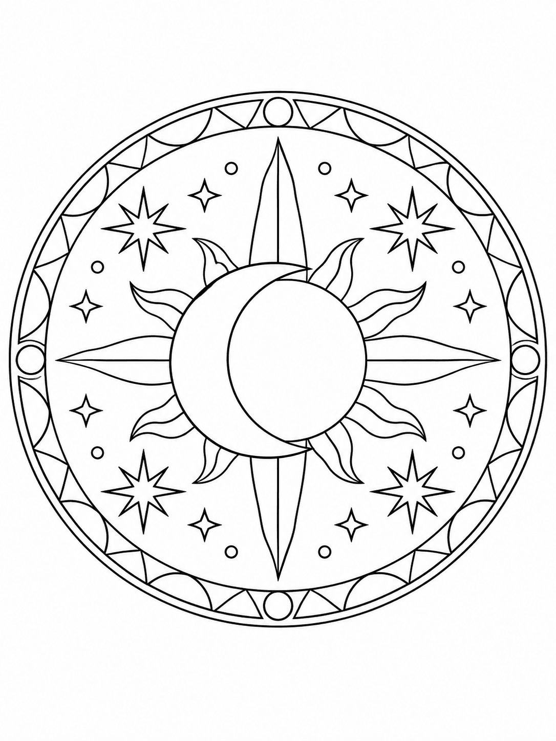 Sun and Moon Mandala coloring page with a central crescent framed by suns, stars, and clouds.