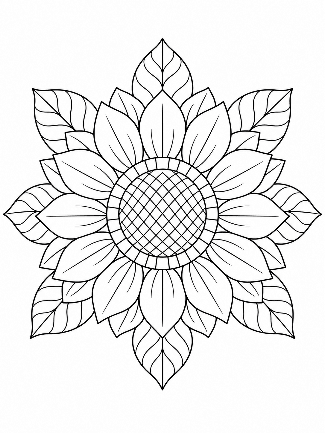 Sunflower Mandala coloring page with sunflower petals repeated in clear circular layers.