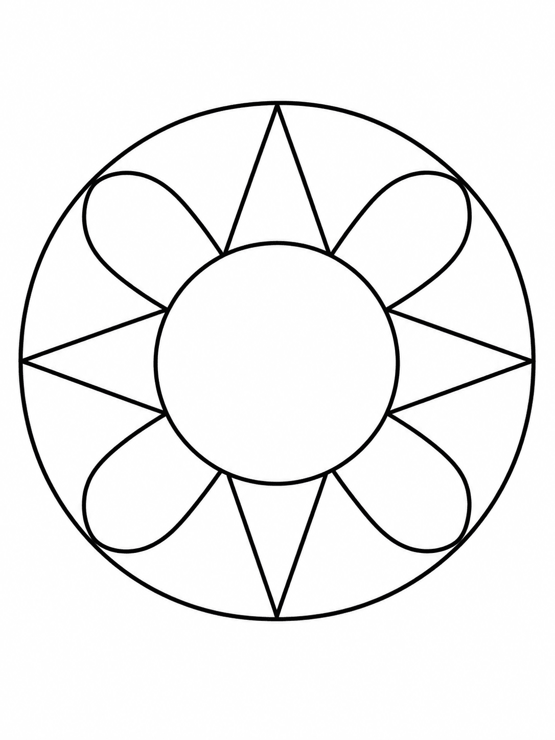 Sunshine Mandala coloring page with a smiling-free sunburst with large alternating rays.
