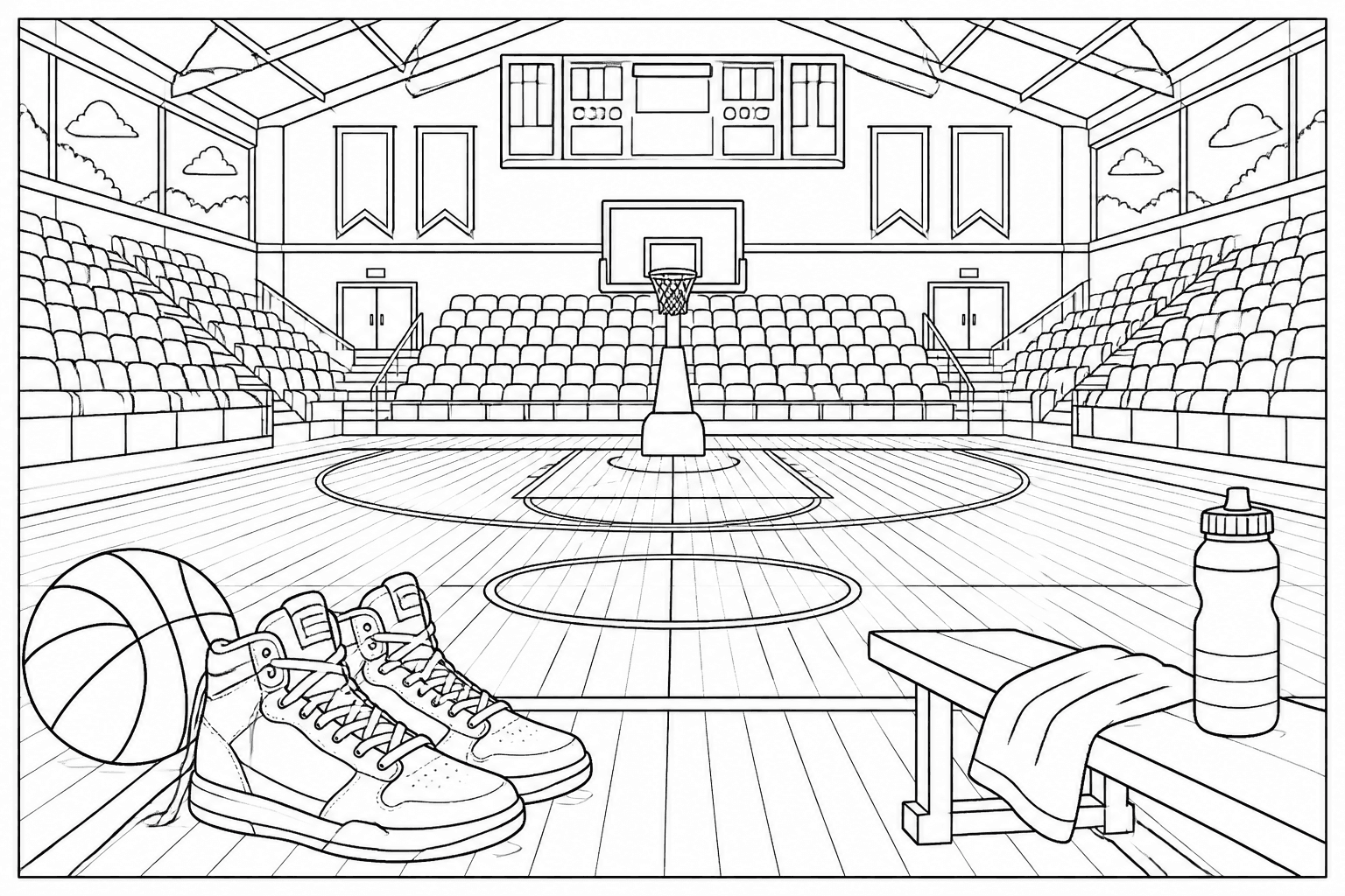 Basketball Game coloring page featuring a detailed basketball court scene with a hoop, ball, sneakers, court lines, and scoreboard shapes.