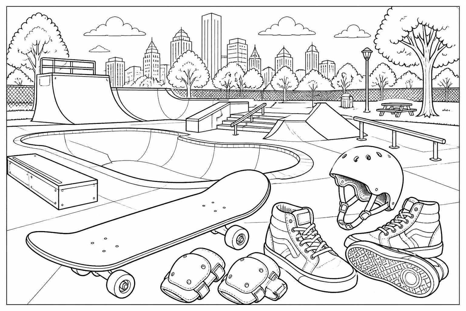 Skate Park coloring page featuring a detailed skate park scene with ramps, a skateboard, helmet, wheels, pads, and a park background.
