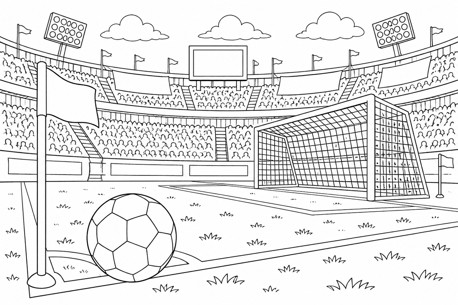 Soccer Stadium coloring page featuring a detailed soccer stadium scene with a goal, ball, field lines, crowd shapes, and blank banners.