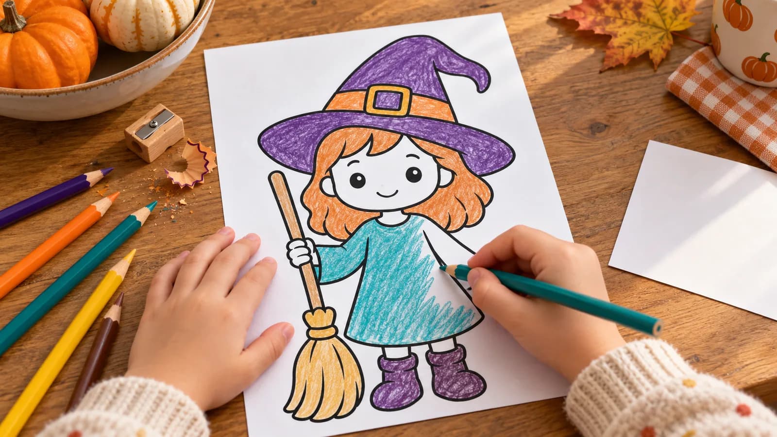 Child coloring a little witch printable with purple, orange, teal, and gold colored pencils on a kitchen table.