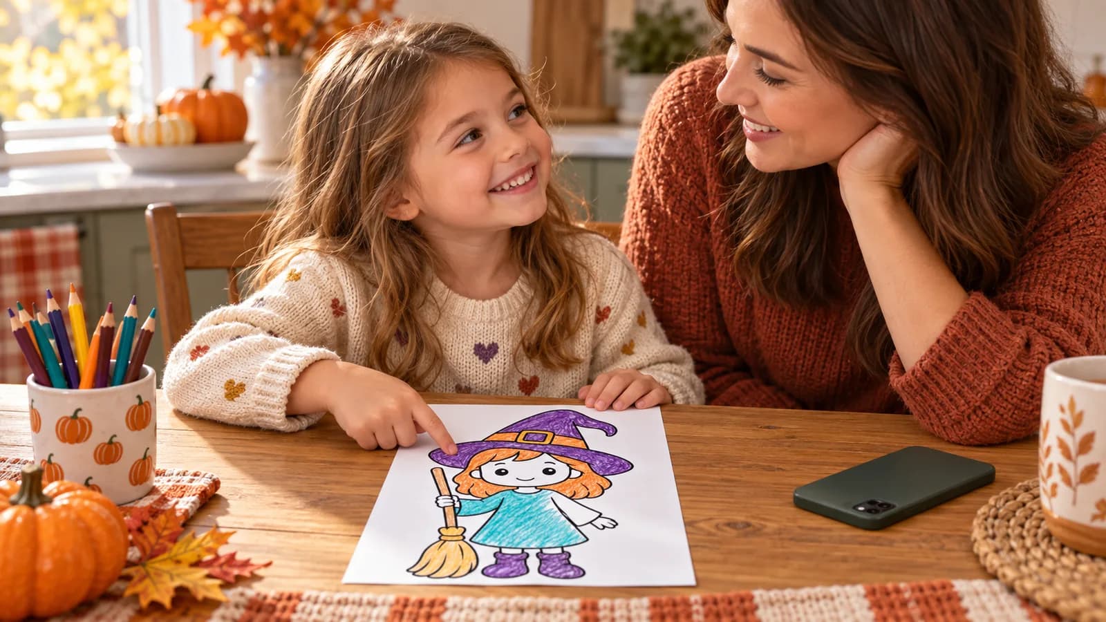 Parent listening as a child points to a finished colored-pencil Halloween witch picture at a kitchen table.
