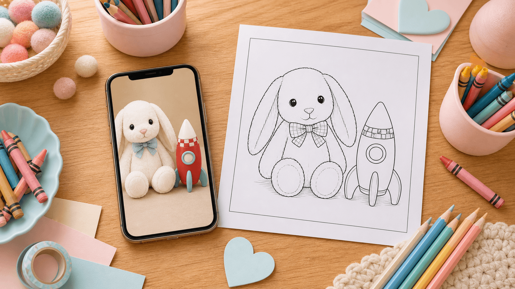 Warm craft table with a phone photo of a plush bunny and toy rocket beside a matching printable coloring page version.