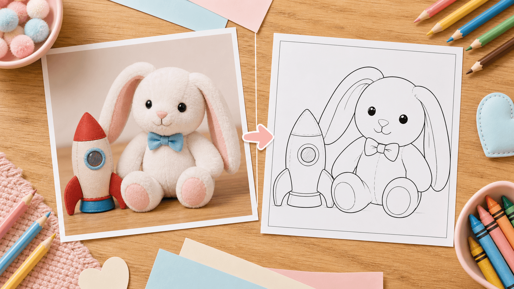 Before and after image showing a plush bunny and toy rocket photo turning into a matching black-and-white coloring page.