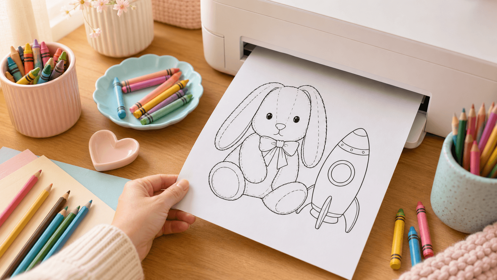 Home printer producing a black-and-white coloring page of a plush bunny and toy rocket with crayons nearby.