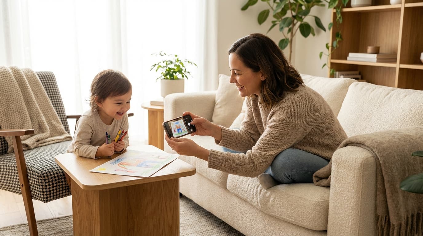 Parent photographing a child's drawing