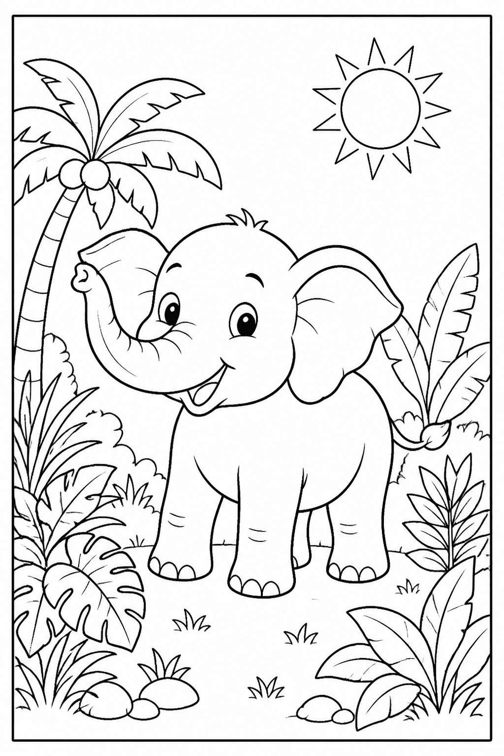 Elephant coloring page with a happy elephant in a jungle scene with plants and a sun.