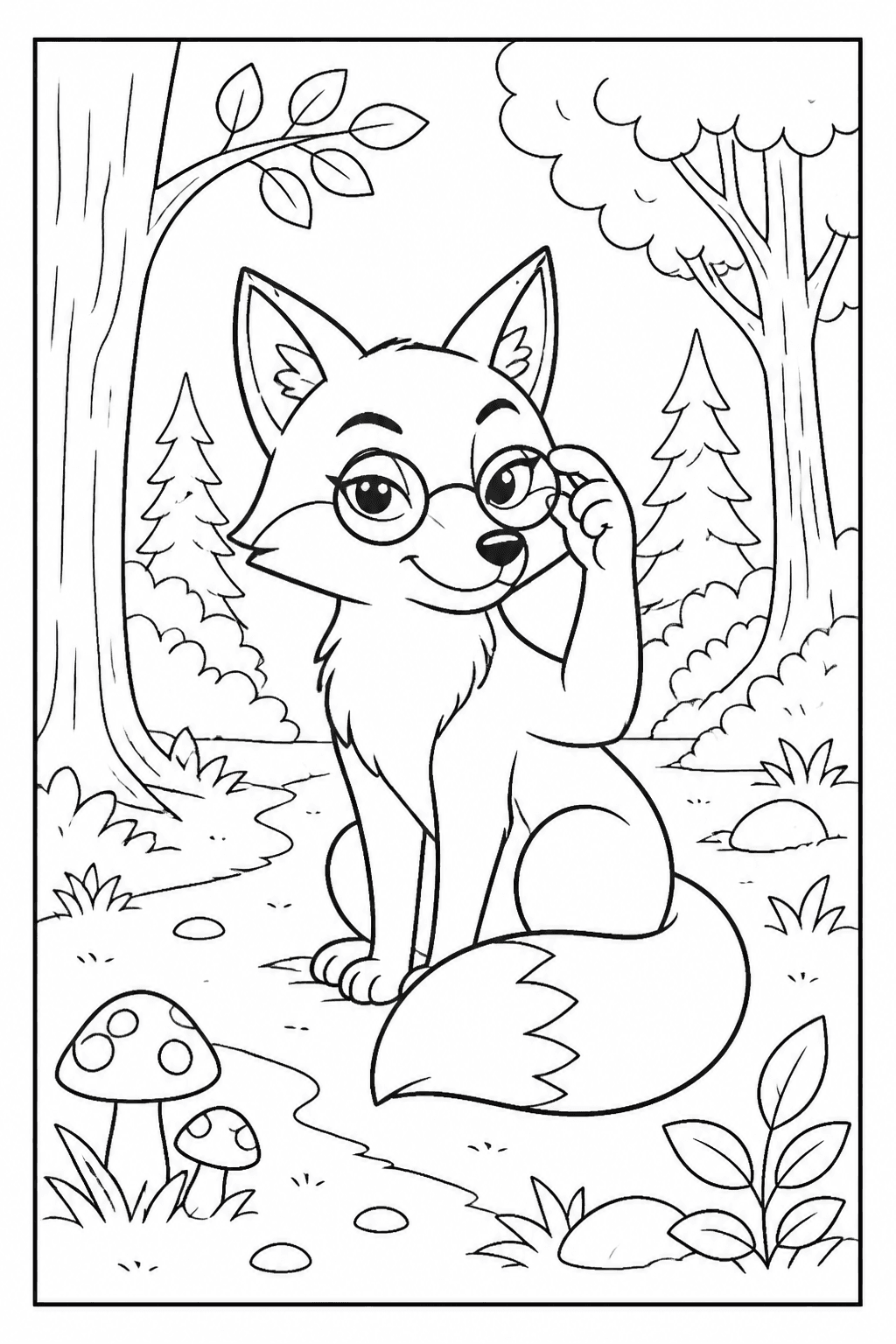 Fox coloring page with a friendly fox in a woodland scene.