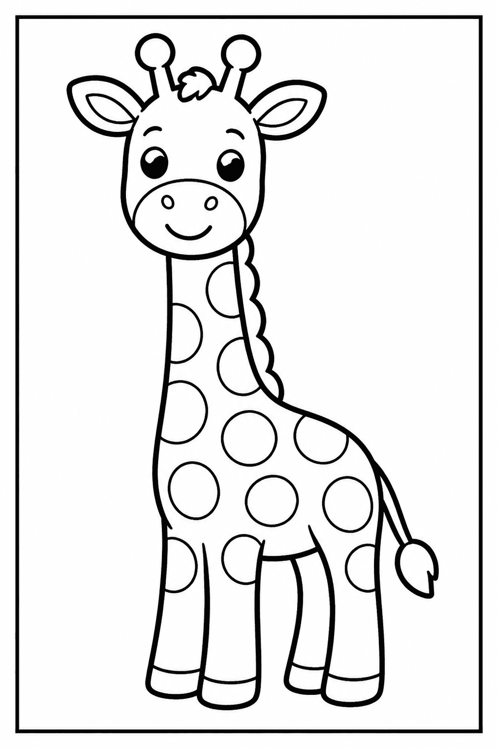 Easy giraffe coloring page with a friendly giraffe and big spots.